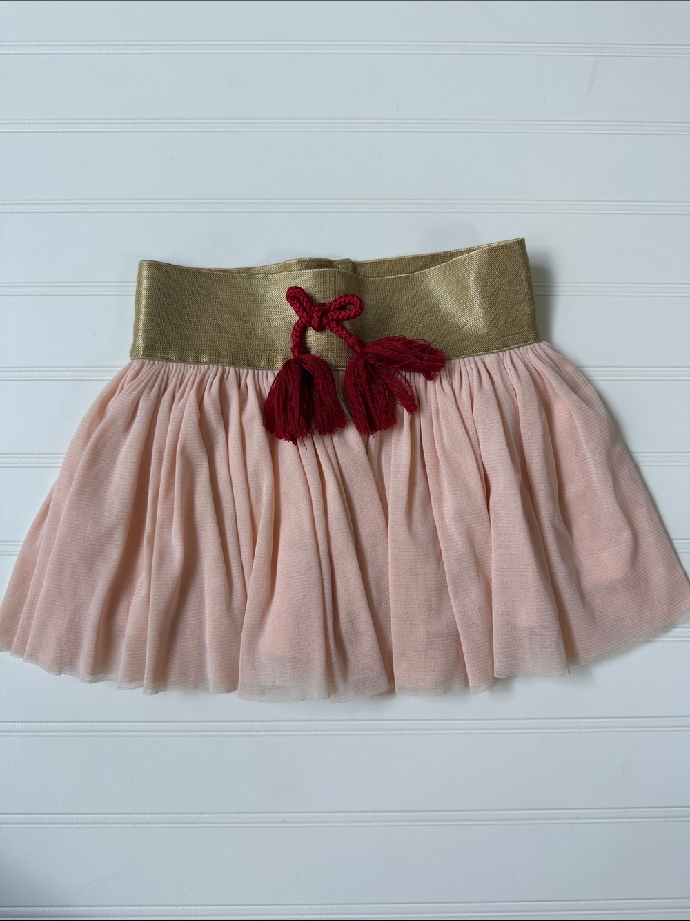 (361)Peach Tulle Skirt with Gold Waistband and Burgundy Tassel